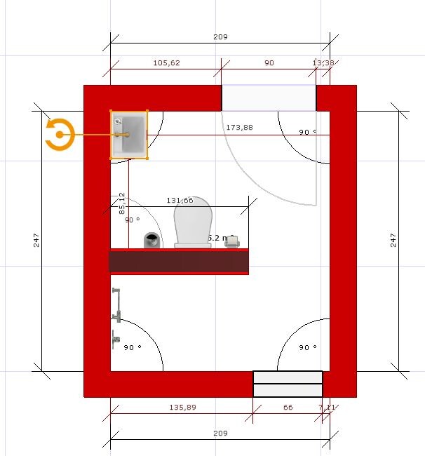 Grundriss eines kleinen Badezimmers mit roten Wänden, Toilette und Waschbecken.