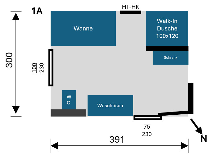 Badezimmer-Grundriss: Wanne links, Walk-in Dusche rechts, WC und Waschtisch, Schrank; Nordausrichtung.