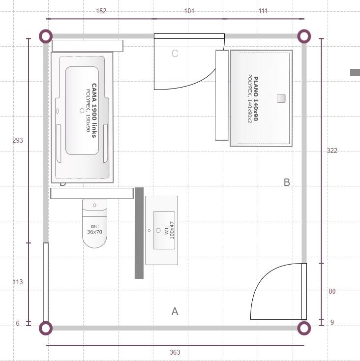 Grundriss eines Zimmers: Bett links, WC links, Waschbecken Mitte, Tür rechts, Eingang.