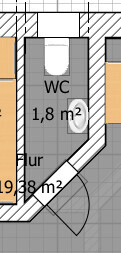 Kleiner Badgrundriss mit WC, Tür und Flur im Plan