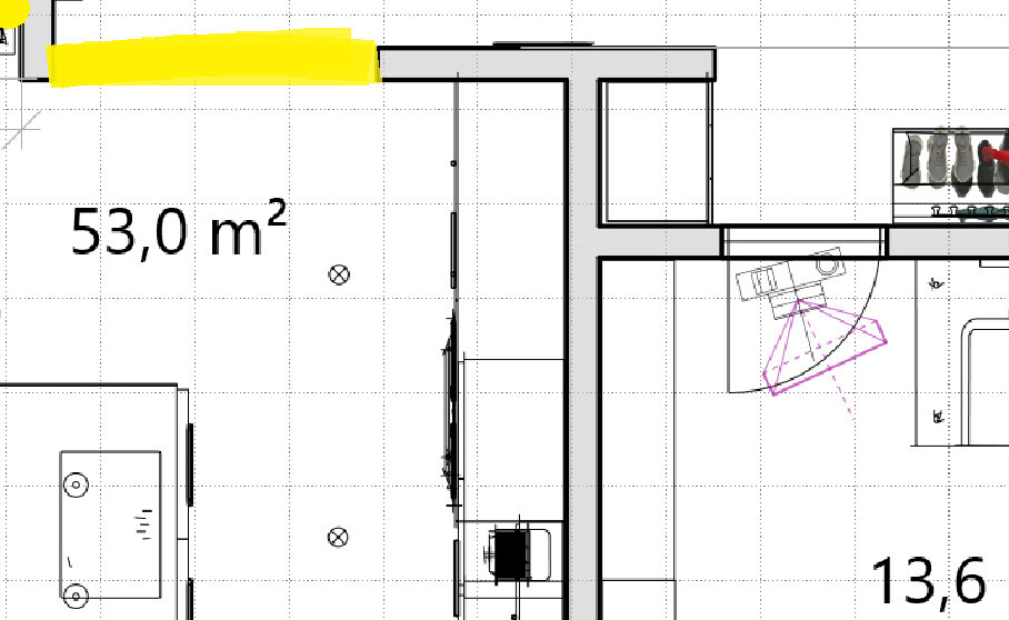Grundriss eines Wohnraums: offener Bereich 53,0 m² mit Möbeln, Türen und Küchenzeile.