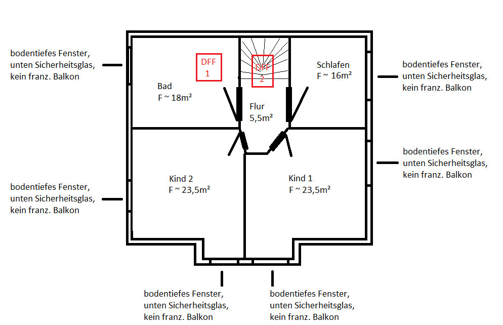 Grundriss eines Wohnraums mit Flur, Bad, Schlafen, Kind 1, Kind 2; bodentiefe Fenster.