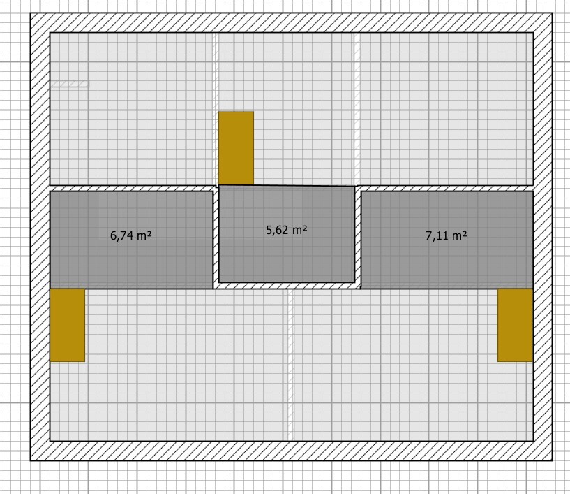 Grundriss mit drei grauen Räumen (6,74; 5,62; 7,11 m²) und gelben Türen.