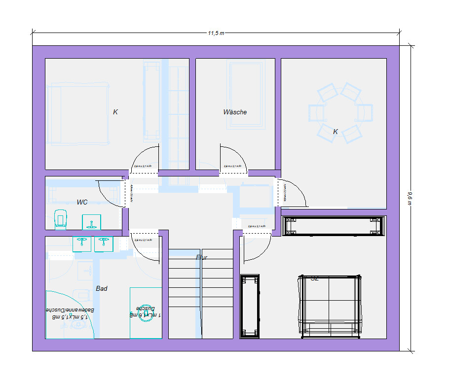 Grundriss eines Hauses: Flur, Treppenhaus, Küche (K), Waschküche, Bad, WC, zwei Zimmer, Esstisch.