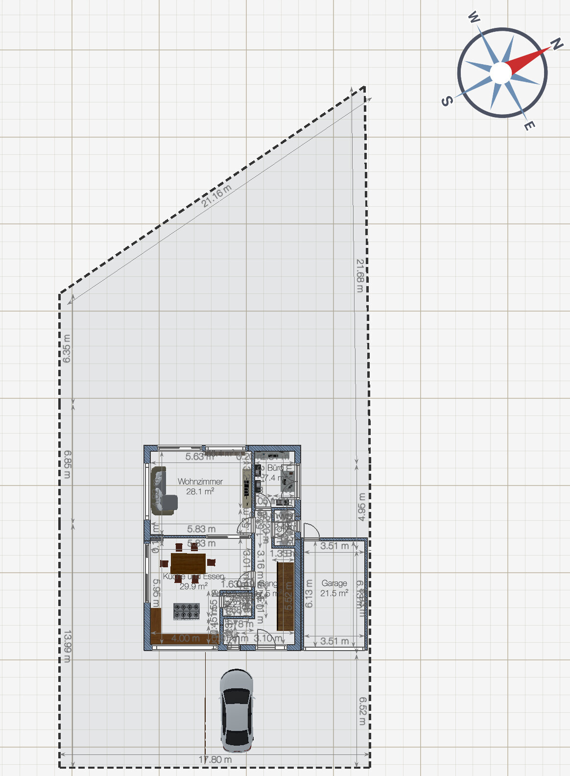 Grundriss eines Hauses auf Grundstück mit Umrandung, Auto vor Garage, Wohnzimmer, Küche, Büro.