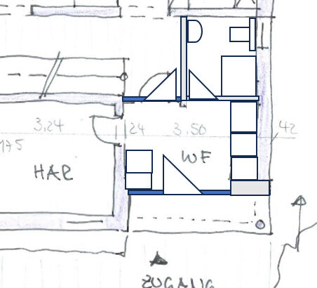 Kompakter 2D-Grundrissplan eines Hauses mit Eingangsbereich und Innenräumen