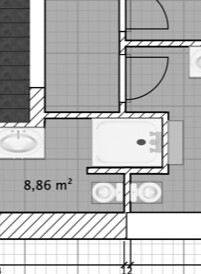 Kleines Badezimmer-Grundriss mit zwei Waschbecken und Toilette, ca. 8,86 m²