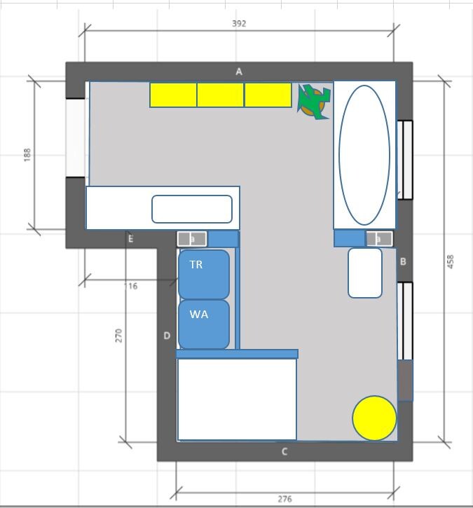 Grundriss eines Zimmers mit Bett, Schränken, ovalem Spiegel an der rechten Wand und gelben Objekten.