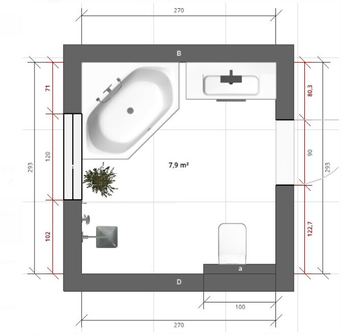 Grundriss eines Badezimmers: Badewanne links, Waschbecken rechts, Toilette unten, Pflanze in Mitte.