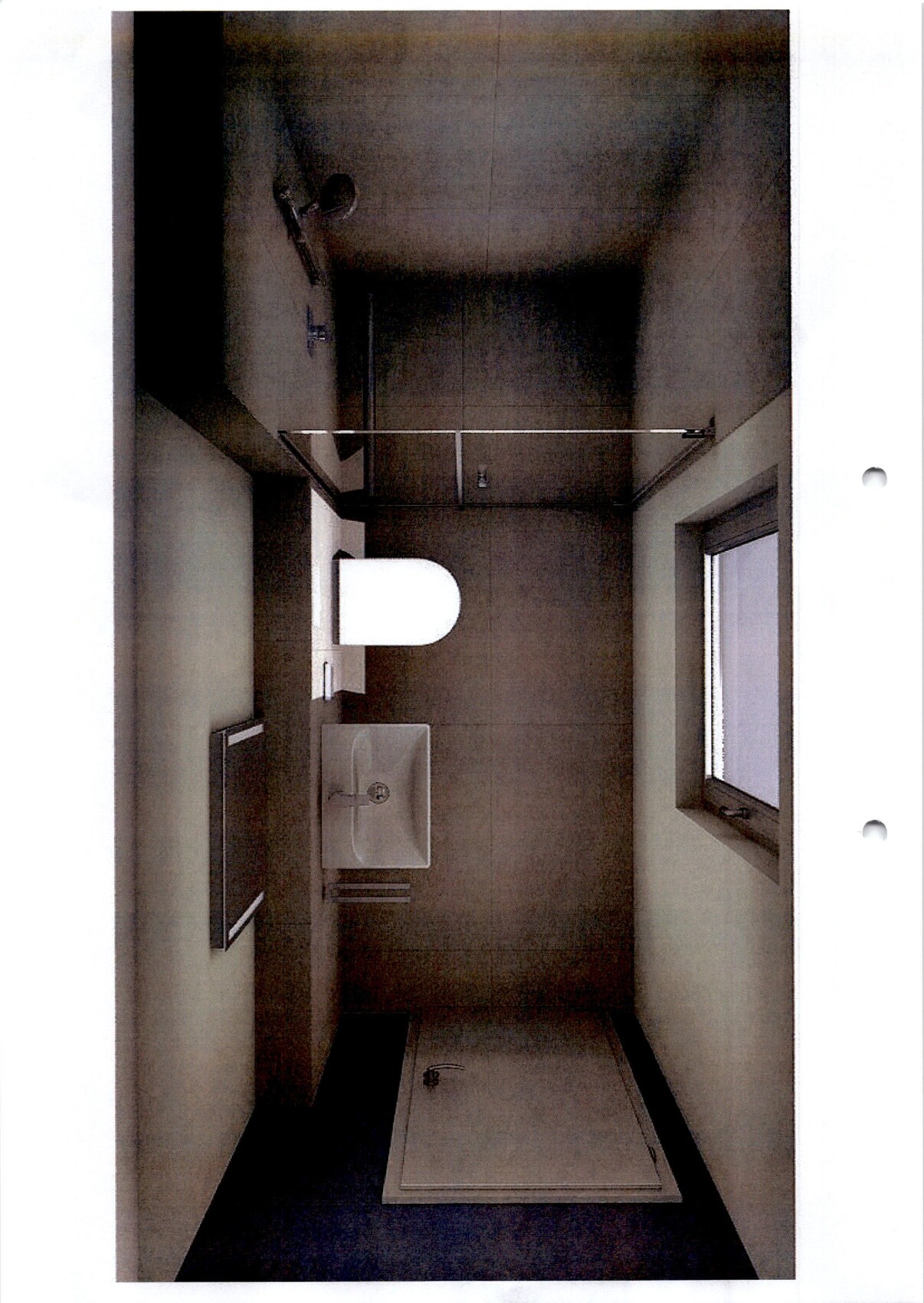 Enges Badezimmer mit Wand-Waschbecken, dunklen Fliesen und Fenster rechts.