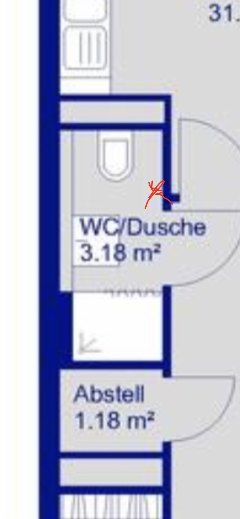 Grundriss: WC/Dusche ca. 3,18 m² und Abstellraum ca. 1,18 m²