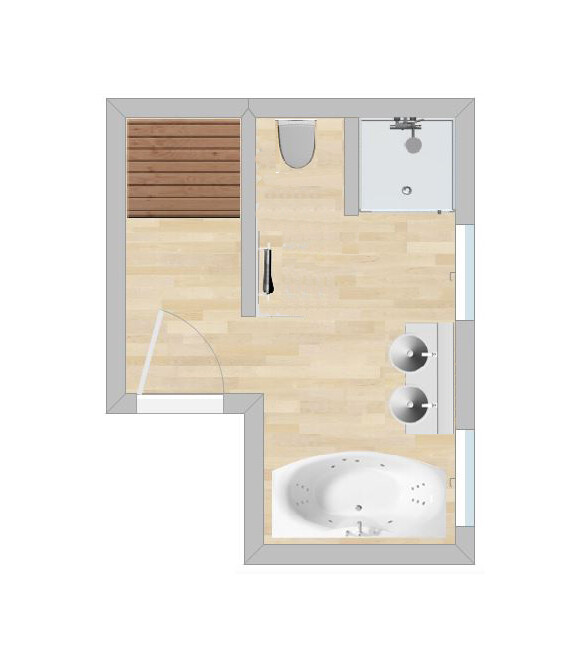 Kompaktes Badezimmergrundriss mit Dusche, WC, Doppelwaschbecken und Badewanne.