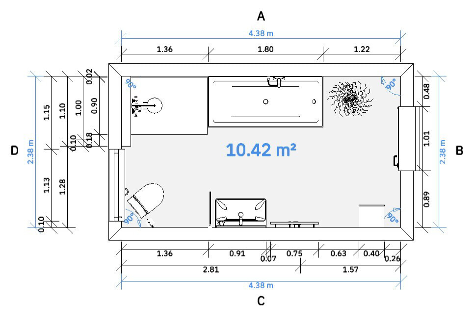 Grundriss eines 10,42 m² Raums: Bad links, Küchenzeile oben, Sitzbereich unten.