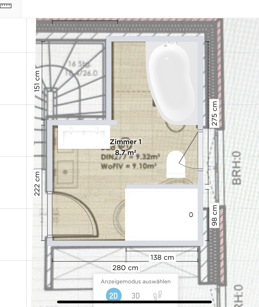 Grundriss von Zimmer 1: kleines Zimmer mit Bett, Waschbecken, Badewanne und Tür.