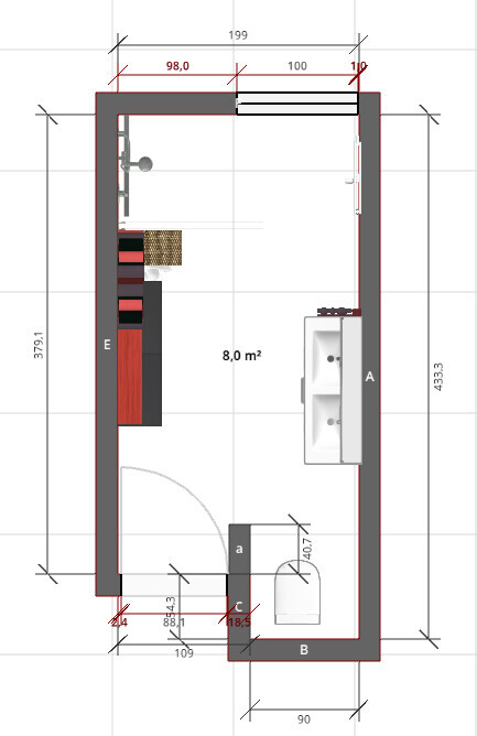 Grundriss eines kleinen Badezimmers (8,0 m²) mit Waschbecken, Toilette und Tür.