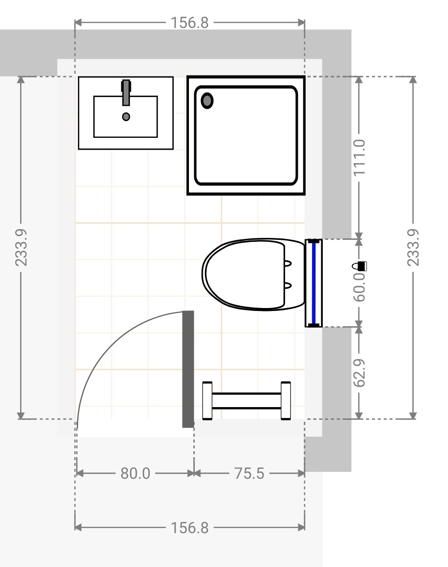 Badezimmer-Grundriss mit Waschbecken links, Badewanne oben, Toilette rechts, Türöffnung.