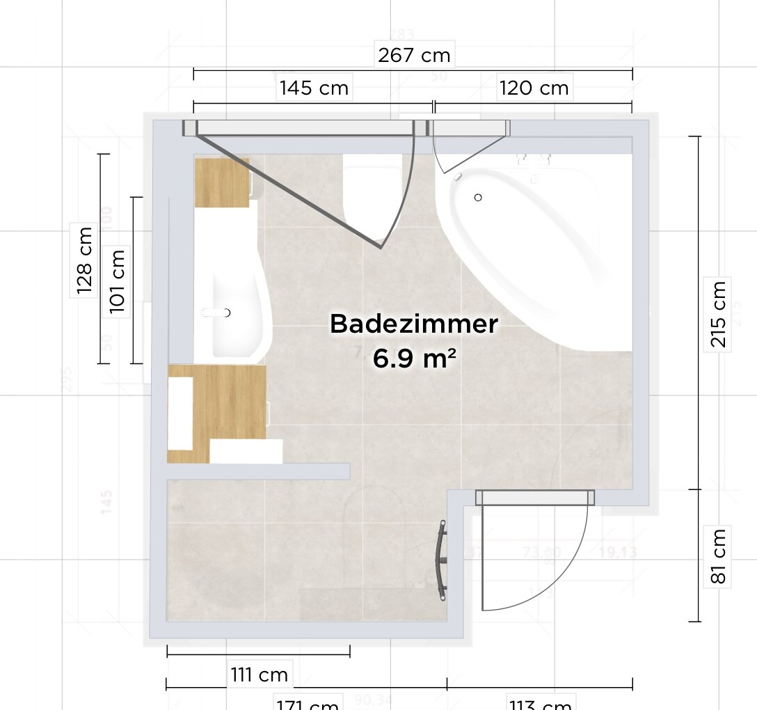 Badezimmer-Plan, 6.9 m²: Badewanne rechts, Waschbecken links, Tür unten rechts.