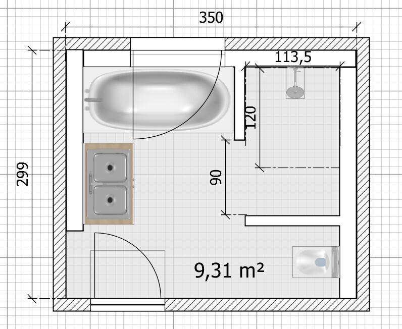 Grundriss eines Badezimmers: Badewanne oben links, Waschbecken links, Dusche rechts, Toilette rechts