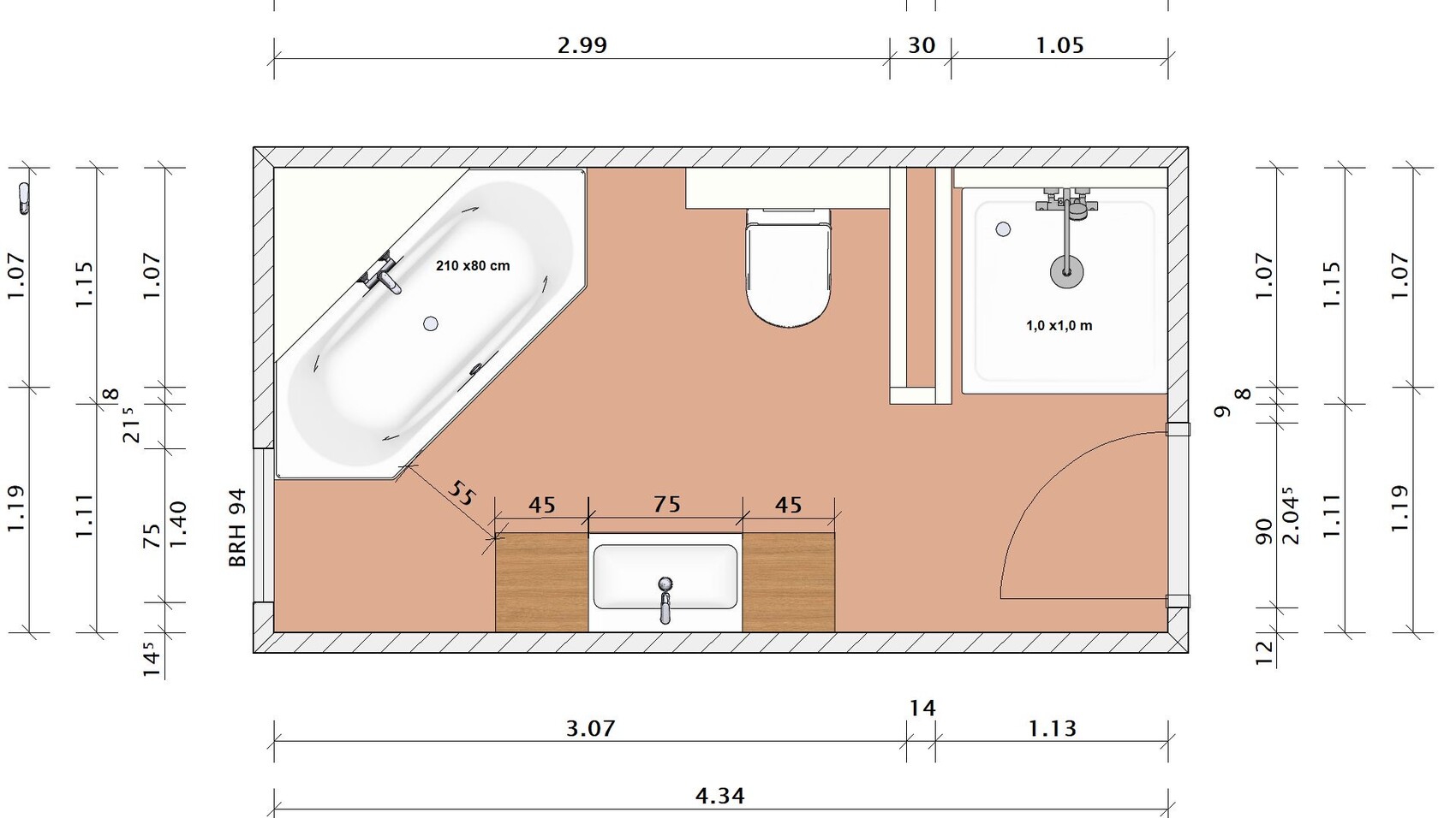 Badezimmer-Grundriss: Badewanne links, Toilette Mitte, Dusche rechts, Waschbecken unten.