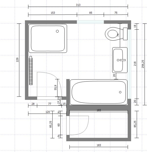 Kleines Badezimmer Grundriss mit Badewanne, Waschbecken und Toilette
