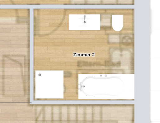 Grundriss Zimmer 2: Badewanne unten rechts, Waschbecken oben Mitte, Toilette oben rechts.