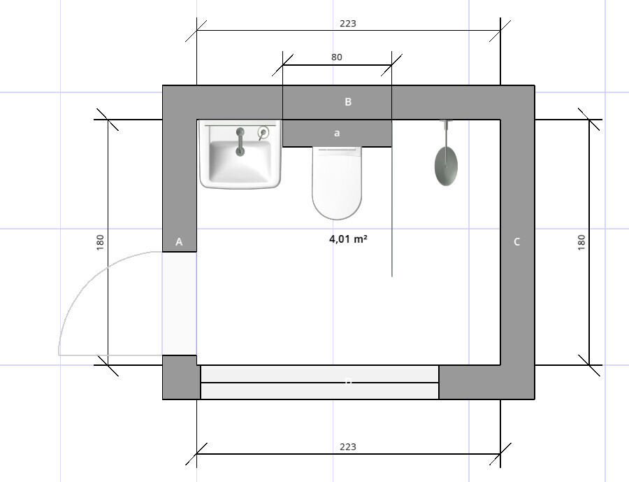 Grundriss eines kleinen Badezimmers: links Spüle, Mitte WC, rechts Dusche, Tür links.