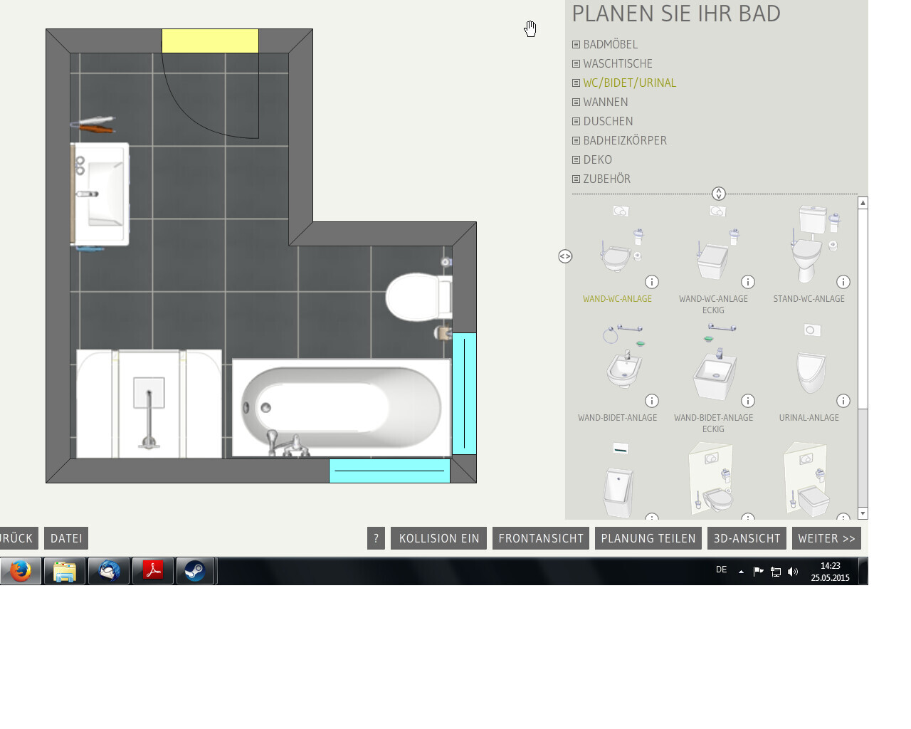 Grundriss eines Badezimmers mit Badewanne, Waschbecken und Toilette auf grauen Fliesen.
