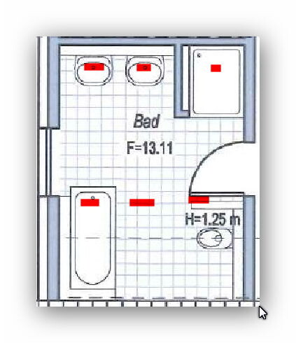 Kompakter Badezimmergrundriss mit Badewanne, Toilette, Waschbecken und Tür.