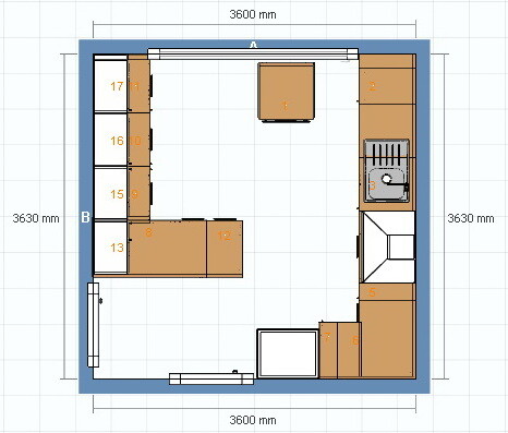 2D-Küchengrundriss mit U-förmiger Arbeitszeile und Insel im quadratischen Raum