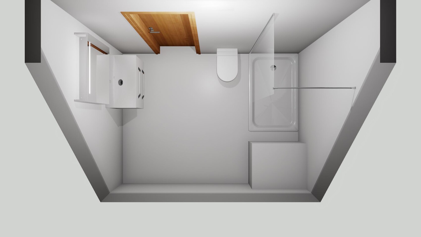 Vogelperspektive eines kleinen Badezimmers mit Waschbecken, Toilette, Dusche und Badewanne.
