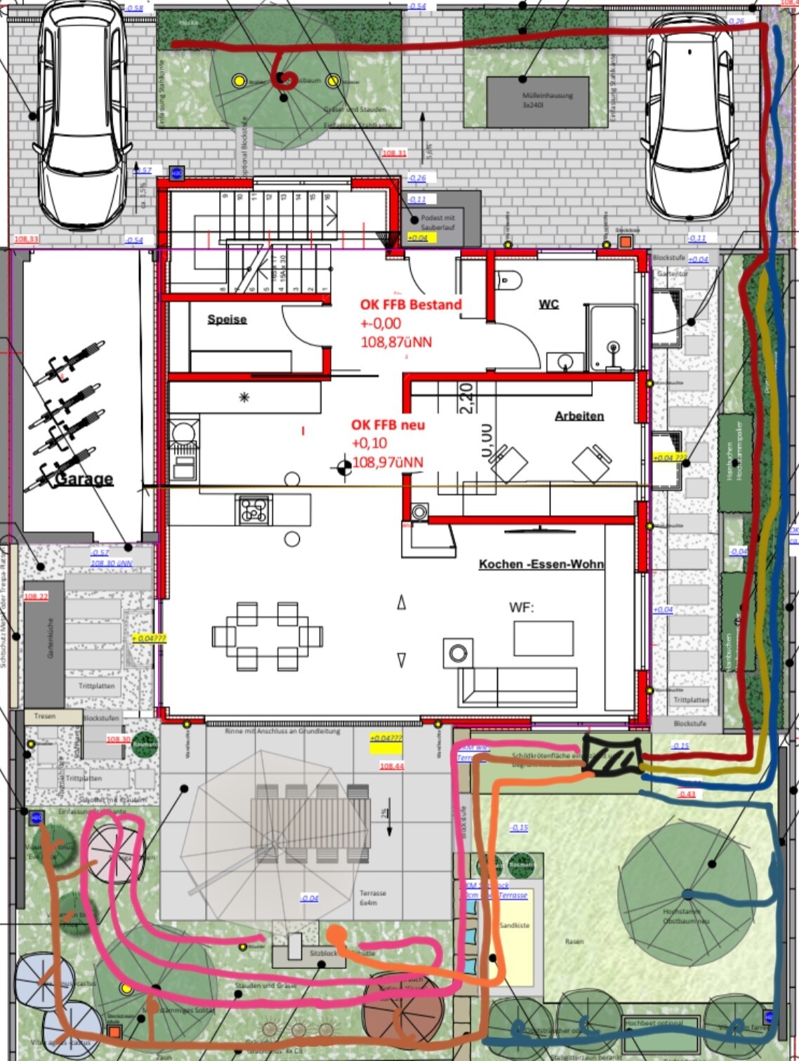 Grundriss eines Hauses mit Garten, Garage, Speise, Küche-Essen-Wohnen, Arbeiten und WC.