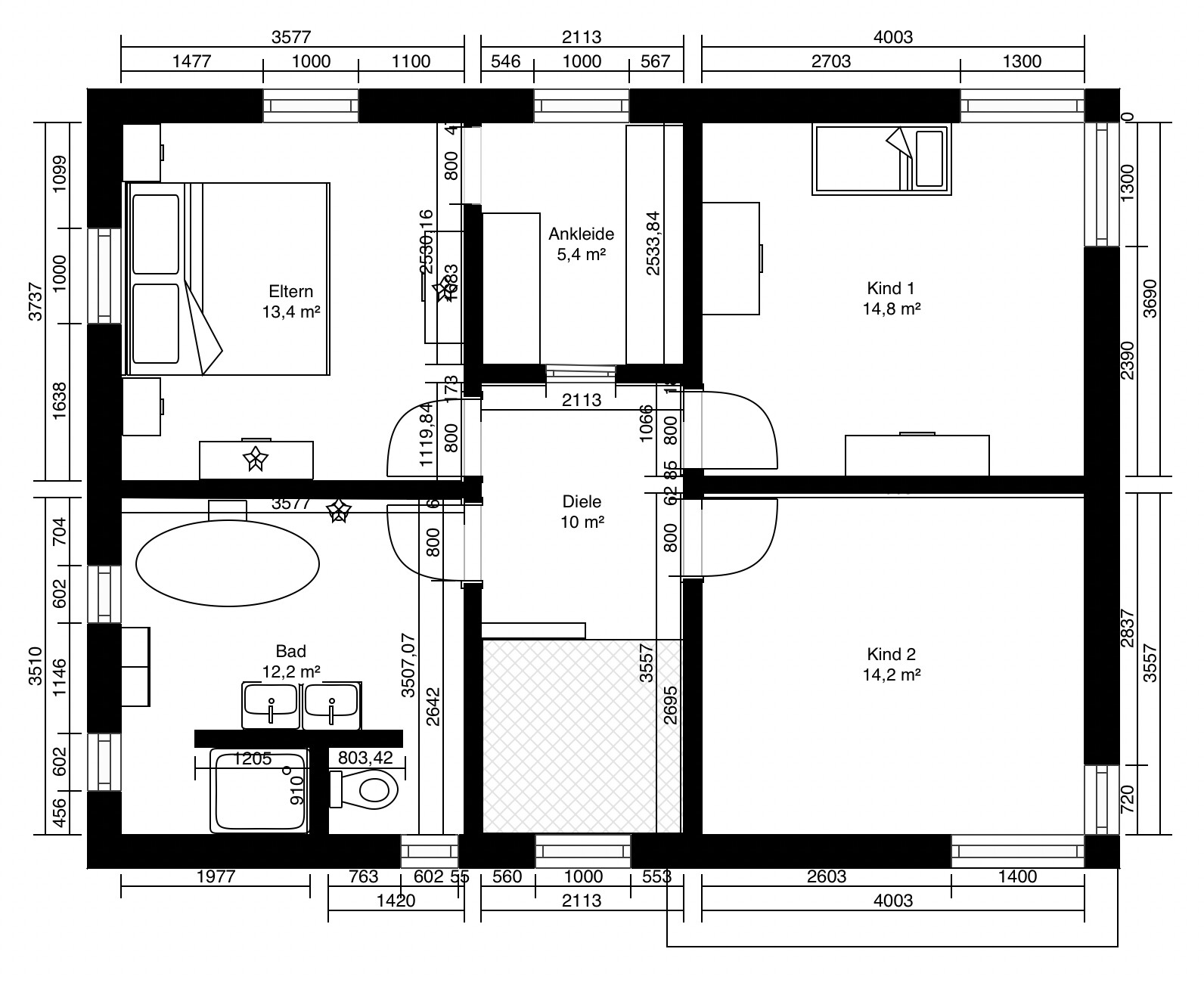 Grundriss eines Hauses: Elternzimmer, Ankleide, zwei Kinderzimmer, Bad, Diele.