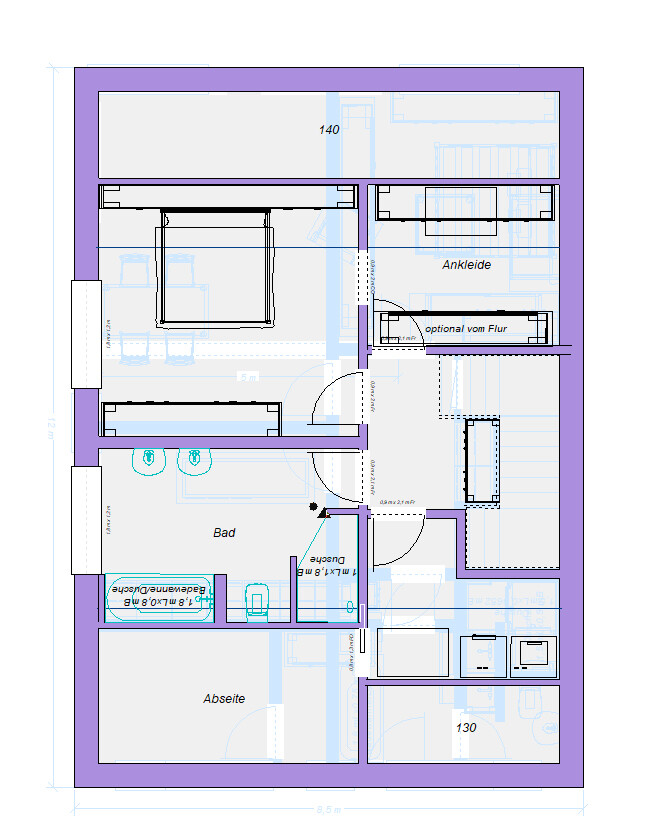 Grundrissplan eines Hauses mit Bad, Ankleide und Flur, Türen und Möbel sichtbar