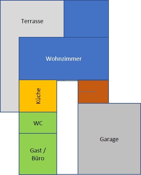 Grundriss eines Hauses mit Terrasse, Wohnzimmer, Küche, WC, Gast/Büro und Garage.