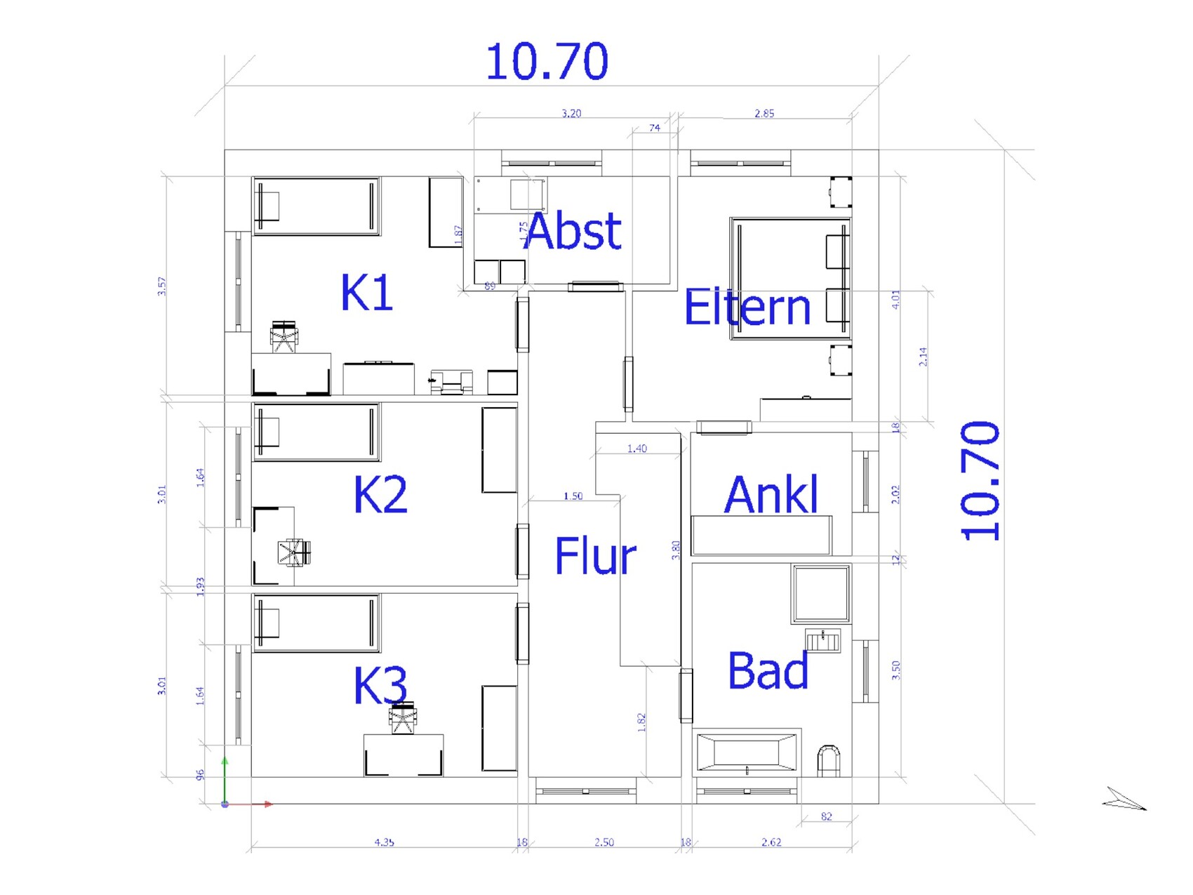 Grundriss eines Hauses: K1, K2, K3, Eltern, Abstellraum, Ankleide, Bad, Flur.