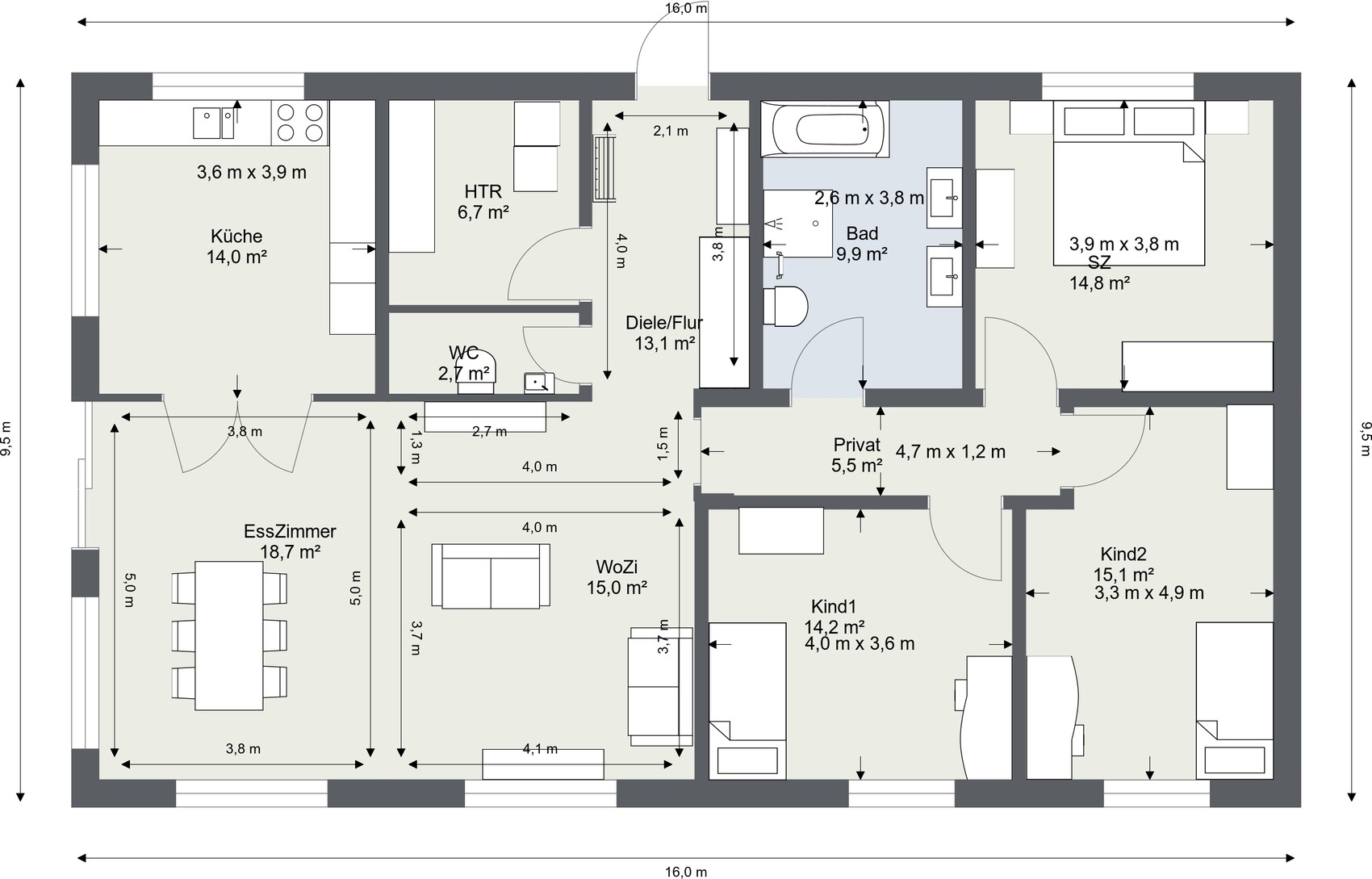 Grundriss einer Wohnung mit Küche, Esszimmer, Wohnzimmer, Bad, Flur, Schlafzimmer, zwei Kinderzimmer.