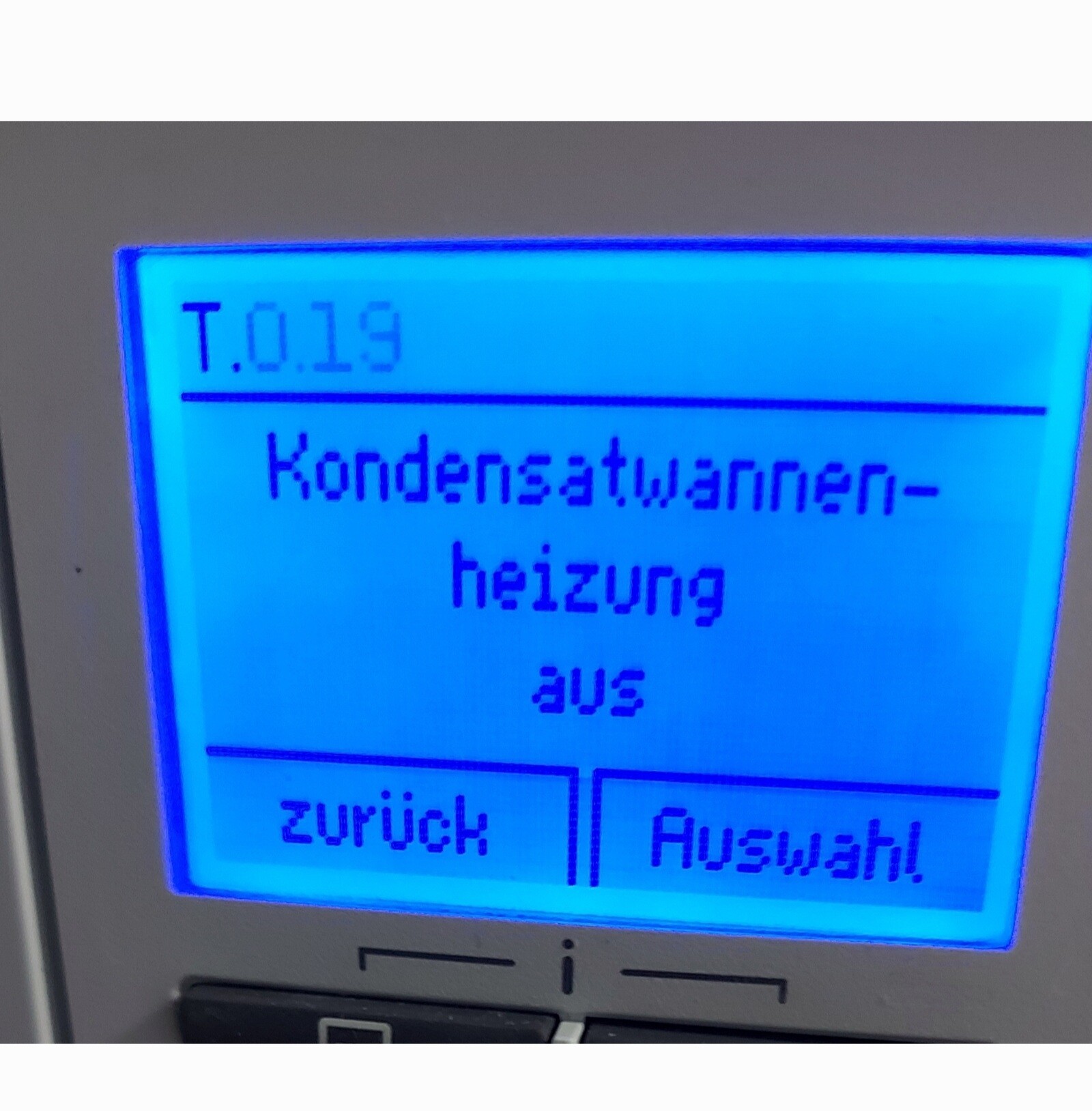 Blau beleuchtetes Display zeigt T.019, Kondensatwarnung - Heizung aus; Zurück/Auswahl