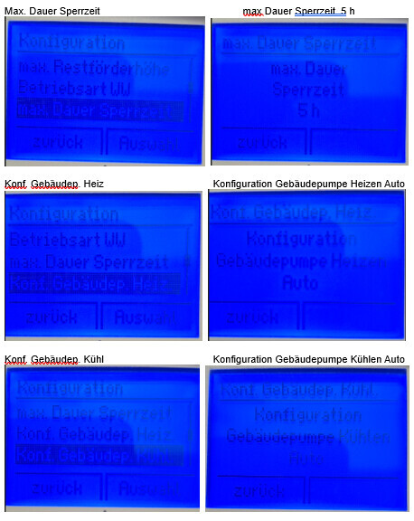Sechs blaue Display-Screenshots eines Gebäudetechnik-Systems mit Konfigurations-Menüs.
