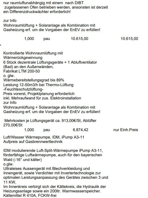 Kompakte Info: Lüftung mit Wärmerückgewinnung, Solaranlage + Gasheizung, Produktliste.