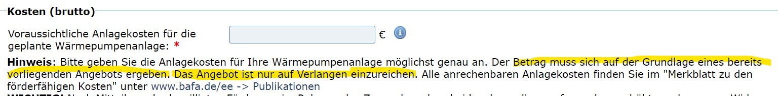 Formular: Eingabe der voraussichtlichen Kosten der Wärmepumpenanlage in Euro