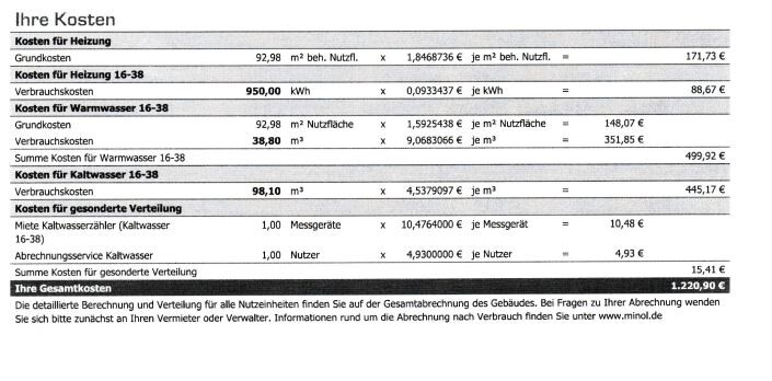Kostenaufstellung der Heizkosten, Warmwasser- und Kaltwasserkosten.