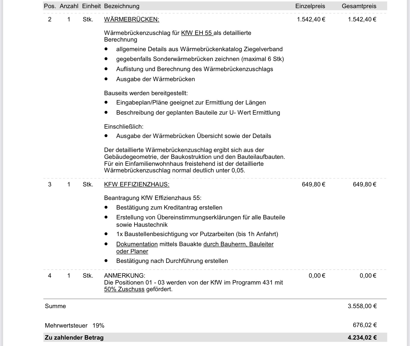 Tabellarische Rechnung mit Postenliste: Wärmebrücken und KfW-Effizienzhaus, Preise und Details.