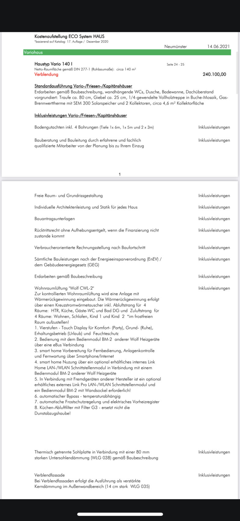Kostenzusammenstellung ECO System HAUS: Variohaus mit Preisangabe und Baubeschreibung.