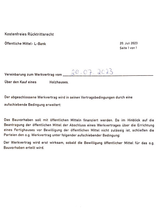 Vertragsdokument: Werkvertrag für den Kauf eines Holzhauses, 20.07.2023.