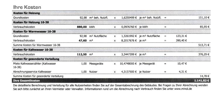 Kostenübersicht der Heiz- und Warmwasserkosten mit Gesamtkosten 1.141,83 €.