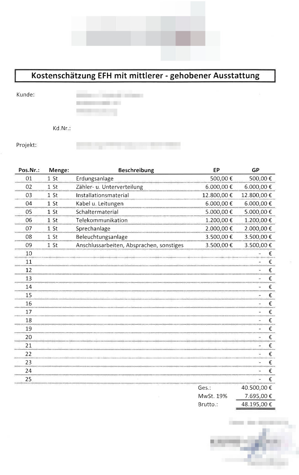 Kostenschätzung EFH mit Positionenliste und Gesamtsumme auf Formular