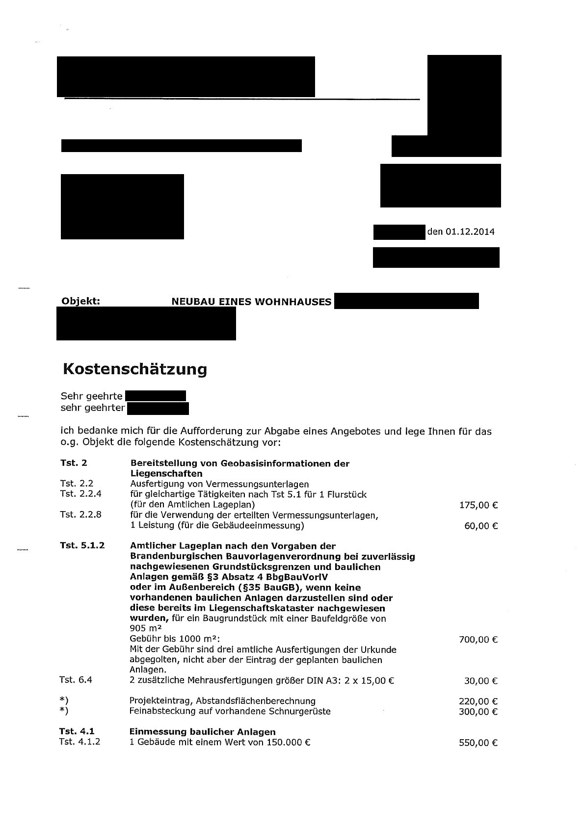 Kostenschätzung für Neubau eines Wohnhauses mit Positionen und Beträgen.