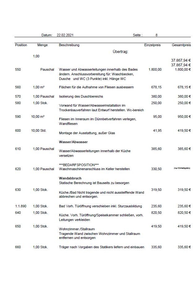 Arbeitsaufstellung/Baukostenliste mit Positionen (Wasser, Fliesen) und Preisen, Seite 8.