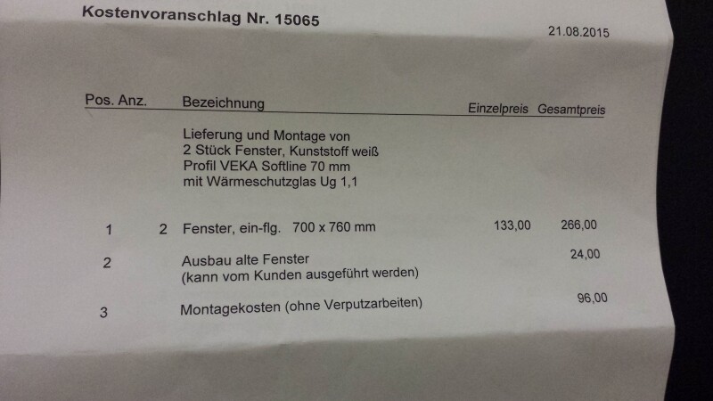 Kostenangebot Fensterlieferung und Montage (2 PVC-Fenster VEKA Softline 70 mm)