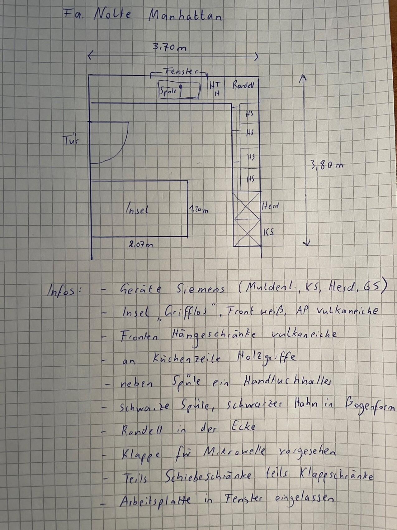 Grundriss einer Küche: Insel, Schränke, Herd, Kühlschrank, Fenster, Türen, Maße 3,70×3,80 m.